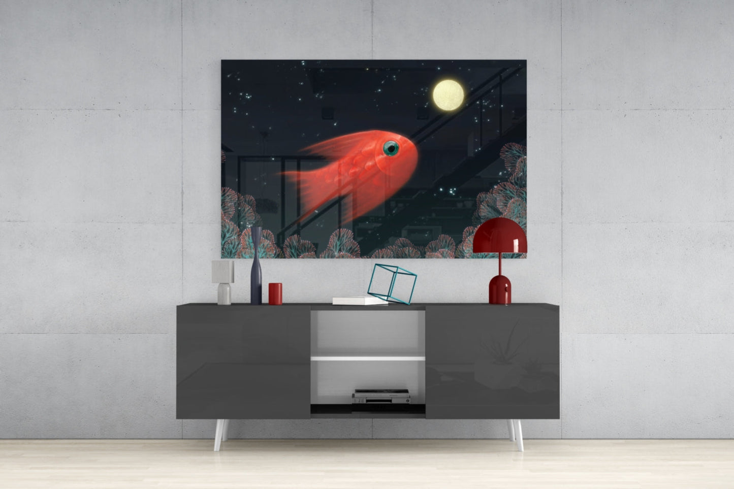 Red Fish Under Moonlit Coral Reef Glass Wall Art