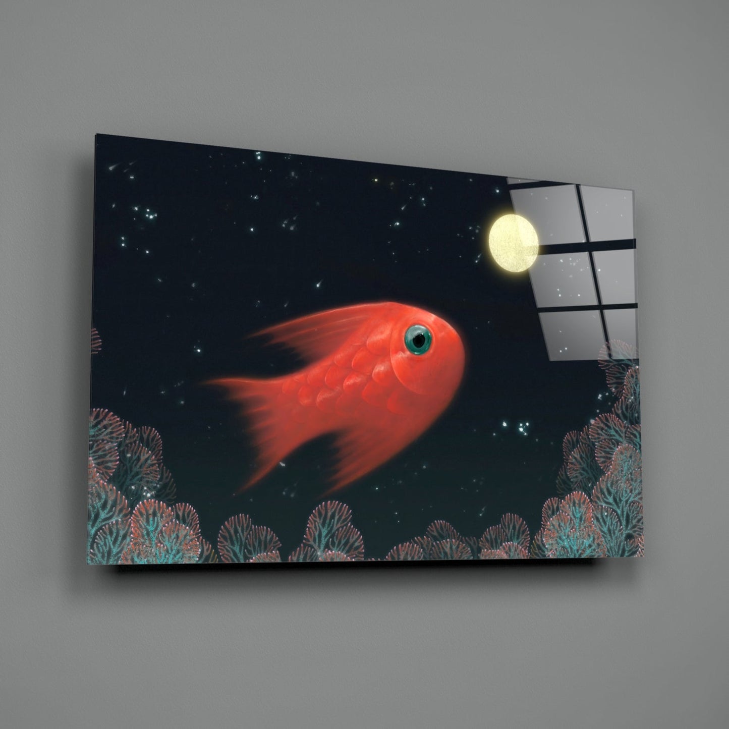 Red Fish Under Moonlit Coral Reef Glass Wall Art