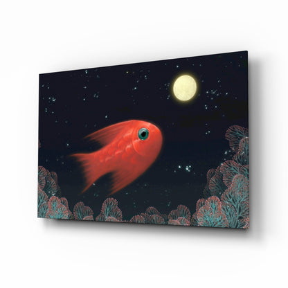 Red Fish Under Moonlit Coral Reef Glass Wall Art