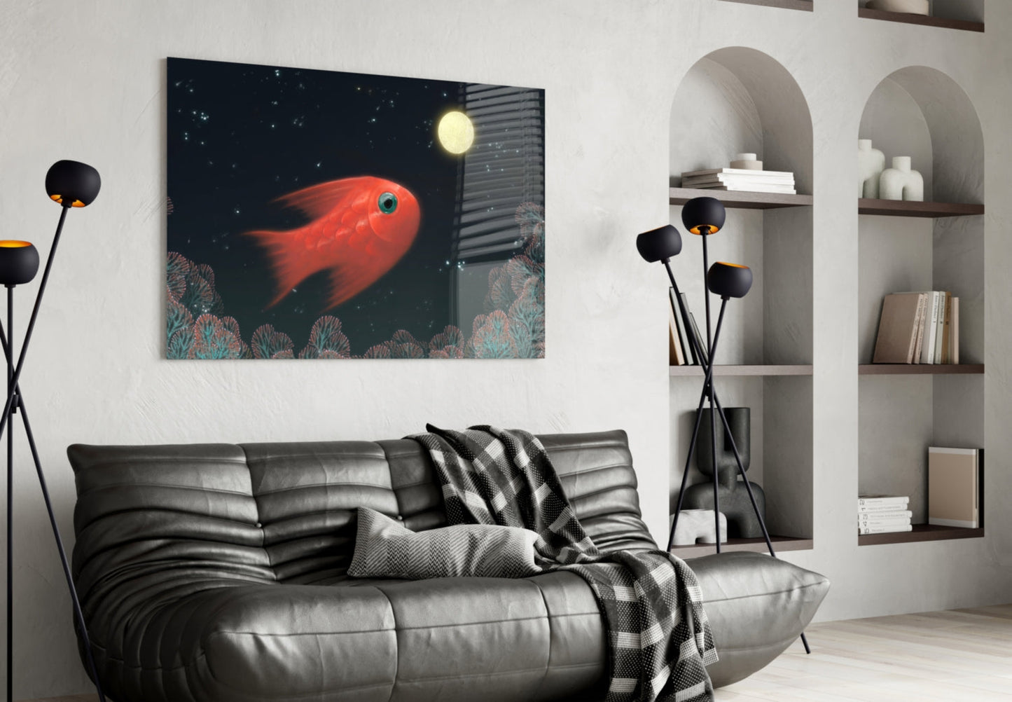 Red Fish Under Moonlit Coral Reef Glass Wall Art
