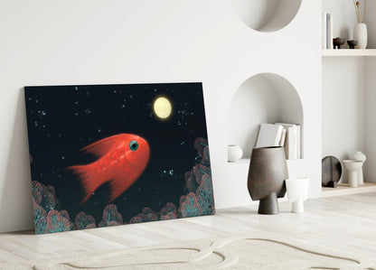 Red Fish Under Moonlit Coral Reef Glass Wall Art