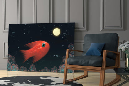 Red Fish Under Moonlit Coral Reef Glass Wall Art