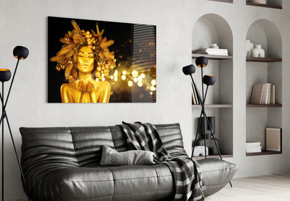 Gold Ornament Crown Woman Glass Wall Art