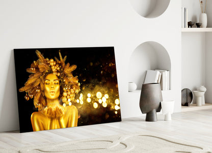 Gold Ornament Crown Woman Glass Wall Art