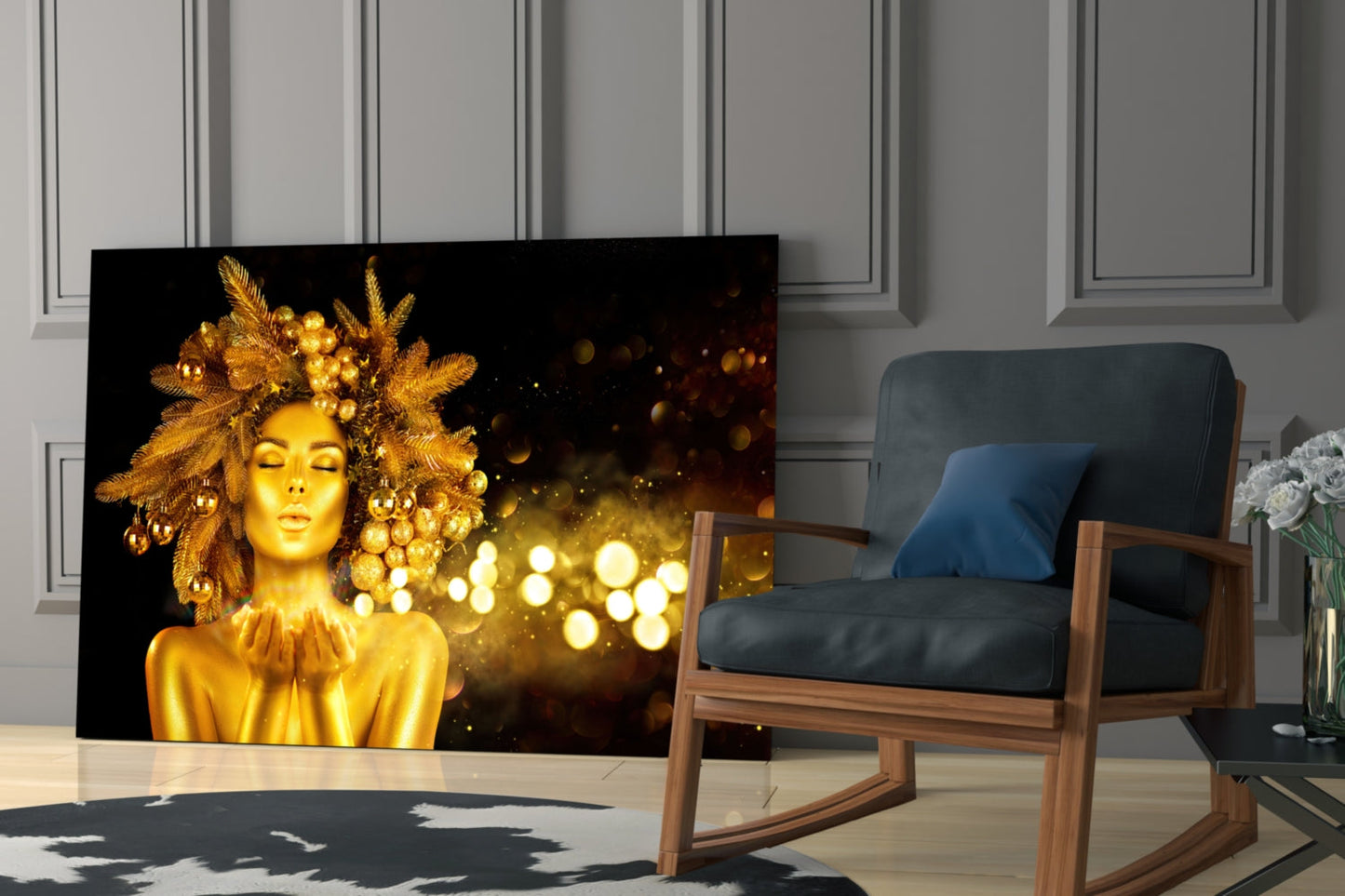 Gold Ornament Crown Woman Glass Wall Art