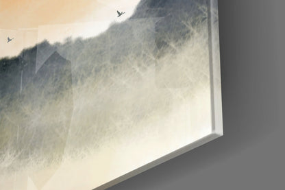 Angled view of frosted glass panel displaying misty forest landscape with evergreen trees, mountains, and two birds in flight against cream sky.