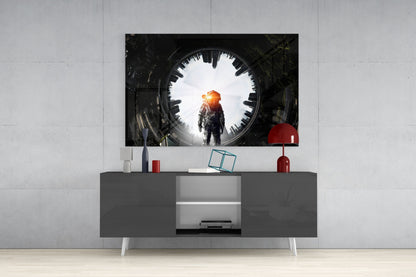 Glowing Portal Tunnel Astronaut Glass Wall Art