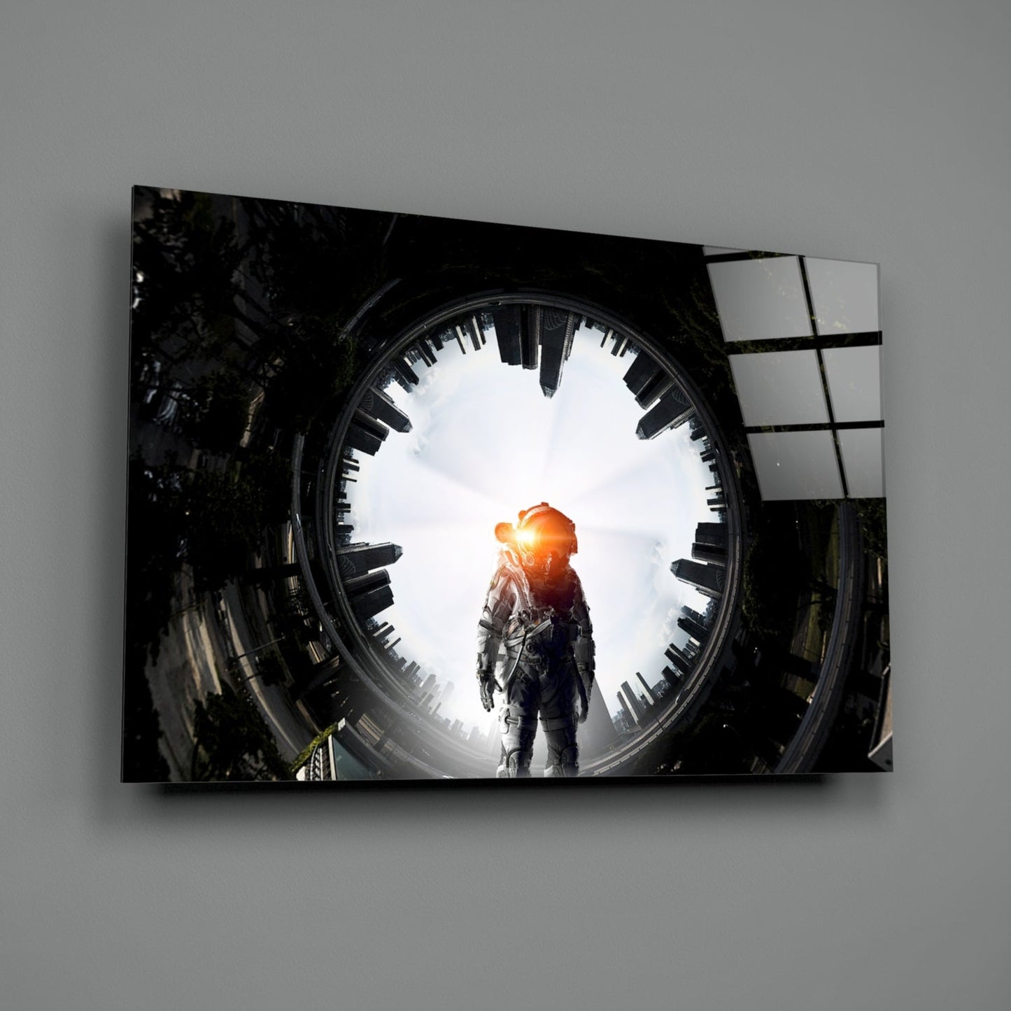 Glowing Portal Tunnel Astronaut Glass Wall Art