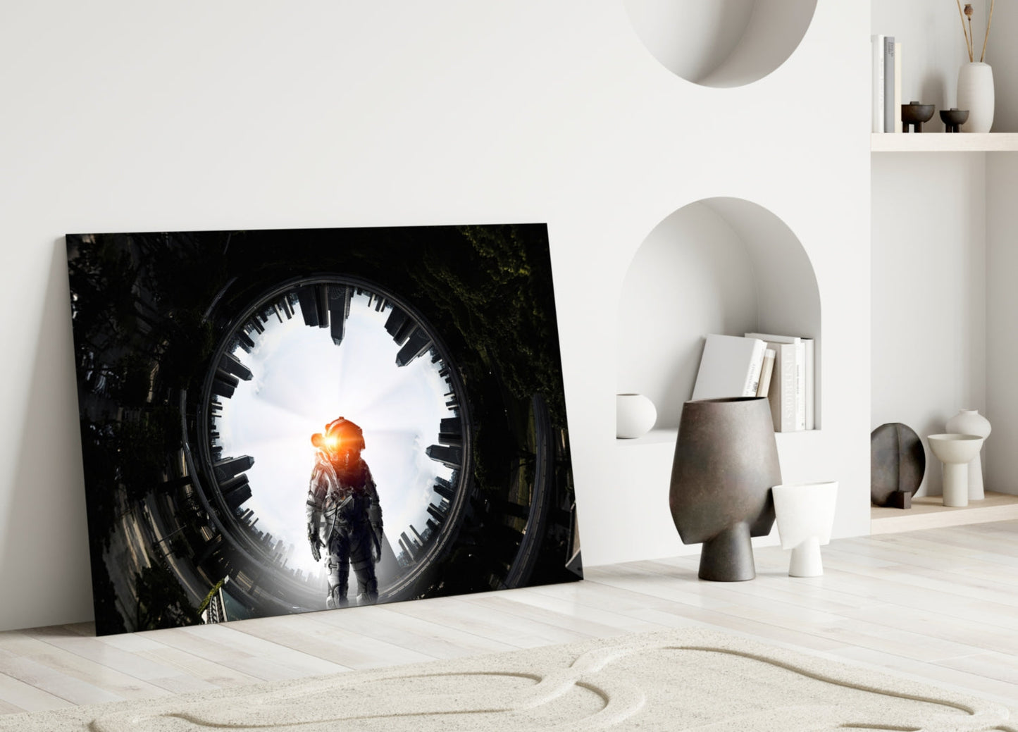 Glowing Portal Tunnel Astronaut Glass Wall Art