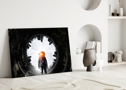 Glowing Portal Tunnel Astronaut Glass Wall Art