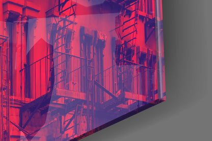 Isometric architectural glass wall art showing red-lit building facade with scaffolding and metal railings against gray background.