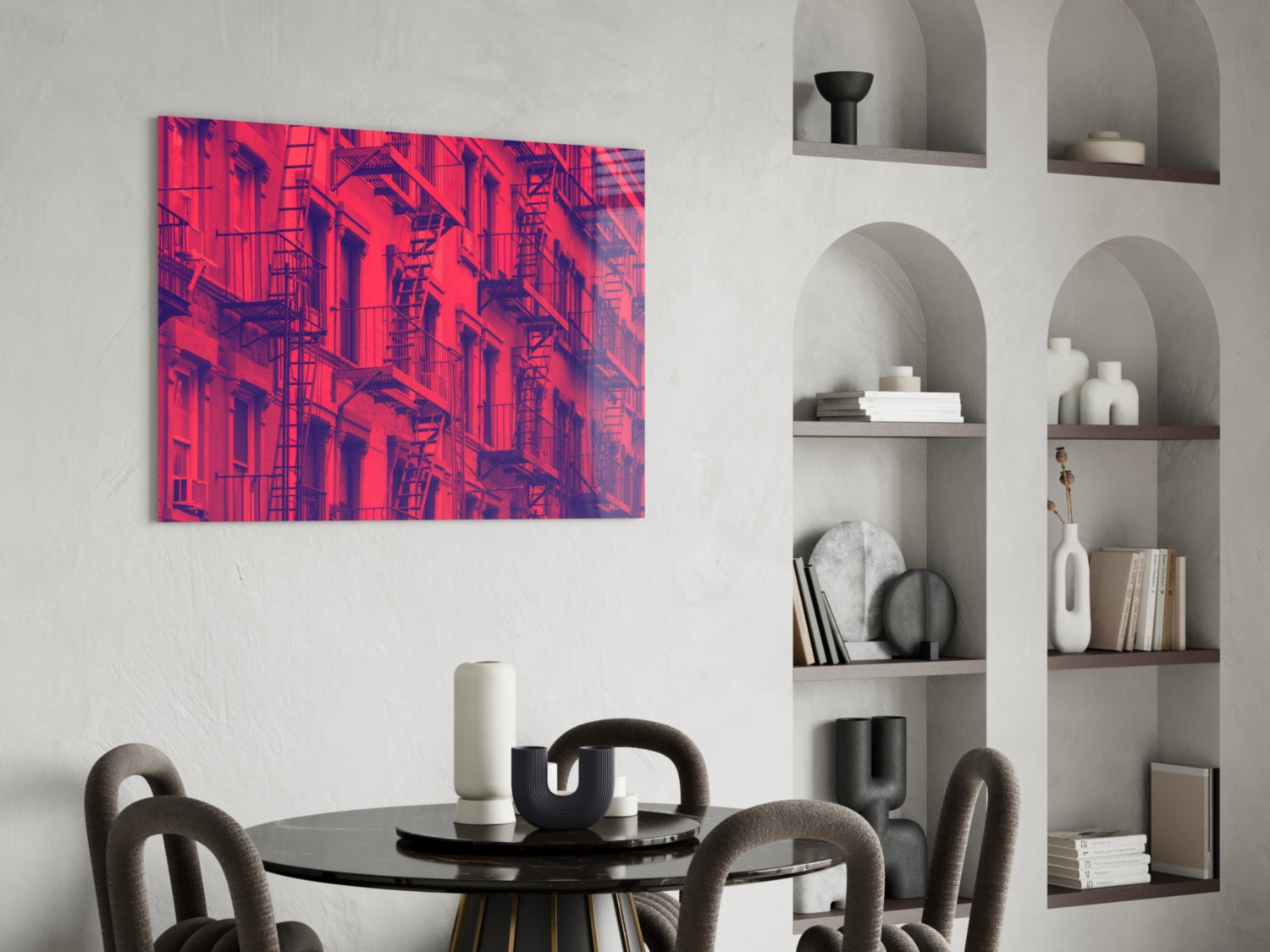 Vibrant neon pink and purple architectural fire escape glass wall art displayed above a dining table.