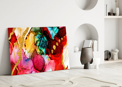 Gold Vein Crimson Ink Glass Wall Art