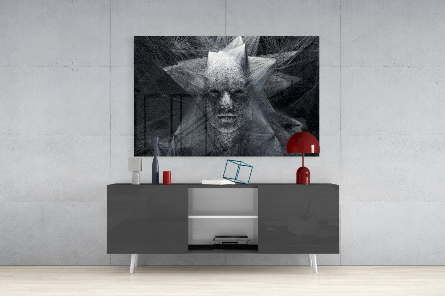 Gray Wire Mesh Crowned Face Glass Wall Art