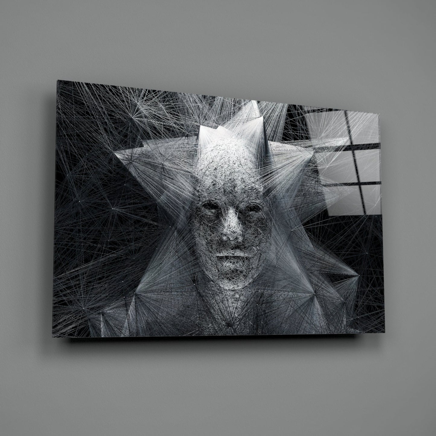 Gray Wire Mesh Crowned Face Glass Wall Art
