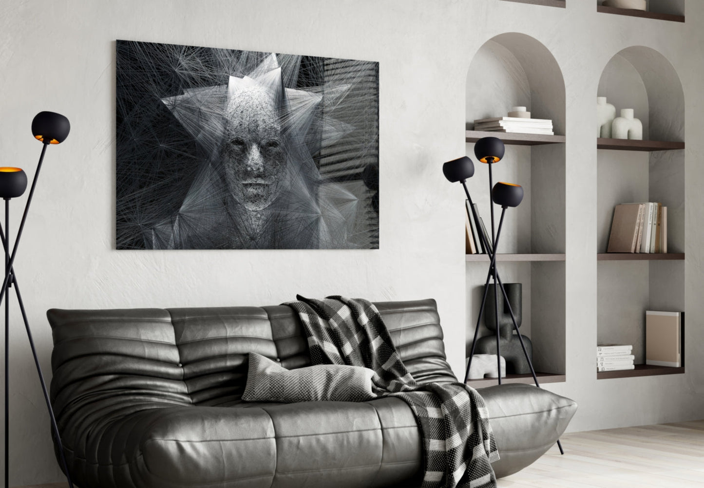 Gray Wire Mesh Crowned Face Glass Wall Art