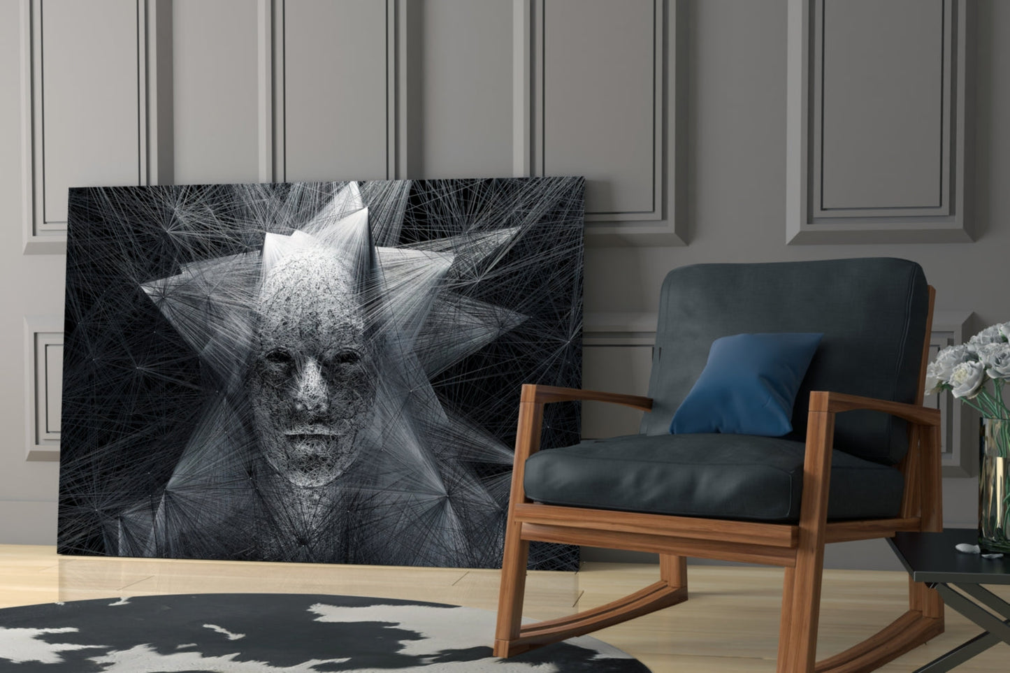 Gray Wire Mesh Crowned Face Glass Wall Art