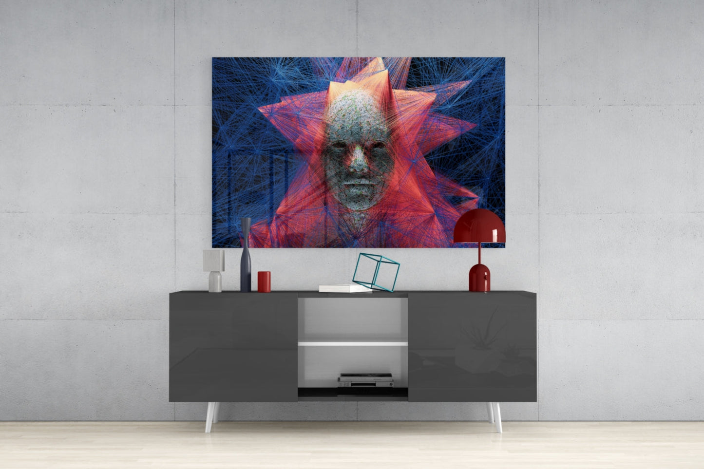 Red Blue Polygon Starburst Face Glass Wall Art