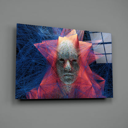 Red Blue Polygon Starburst Face Glass Wall Art