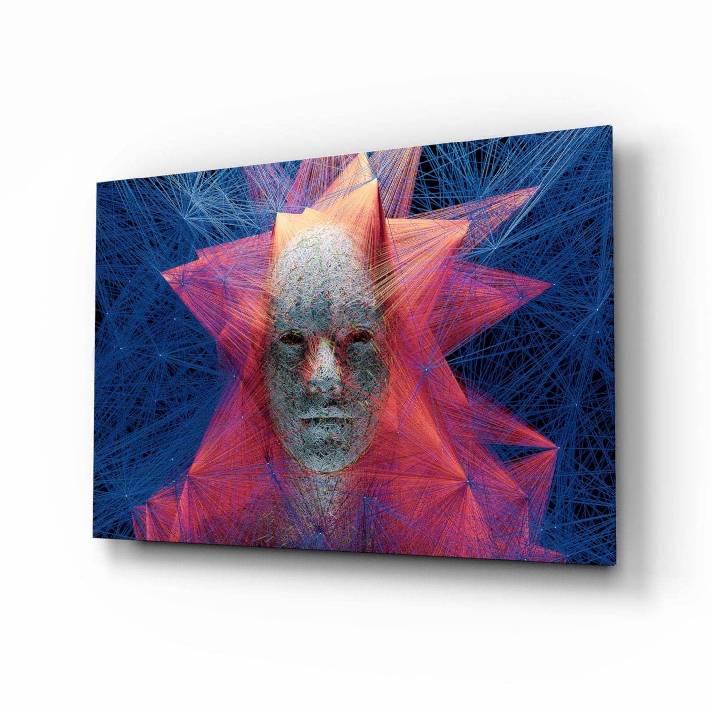 Red Blue Polygon Starburst Face Glass Wall Art