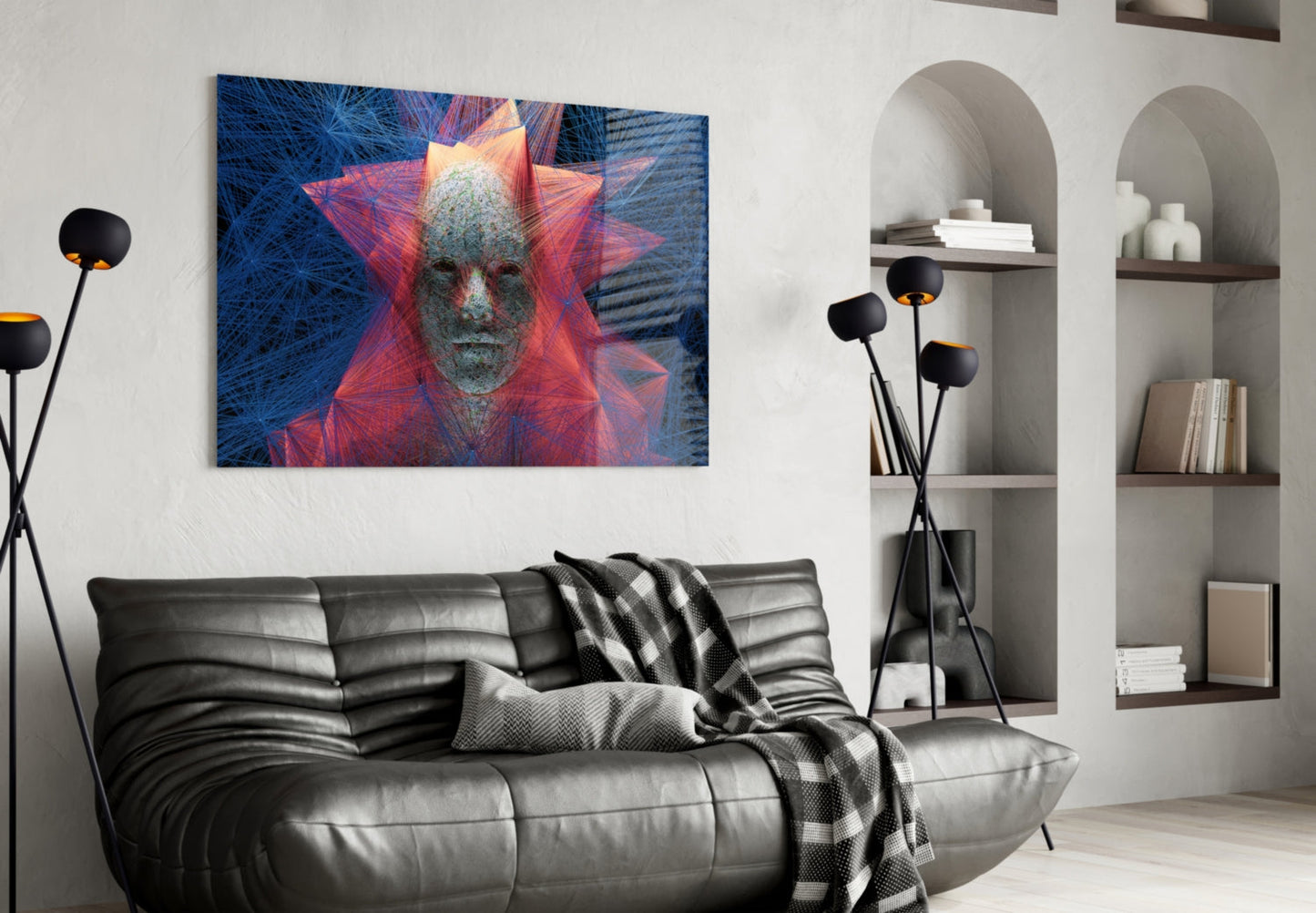 Red Blue Polygon Starburst Face Glass Wall Art