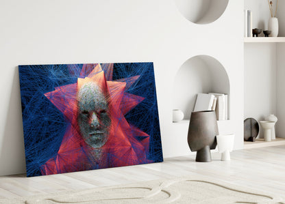 Red Blue Polygon Starburst Face Glass Wall Art