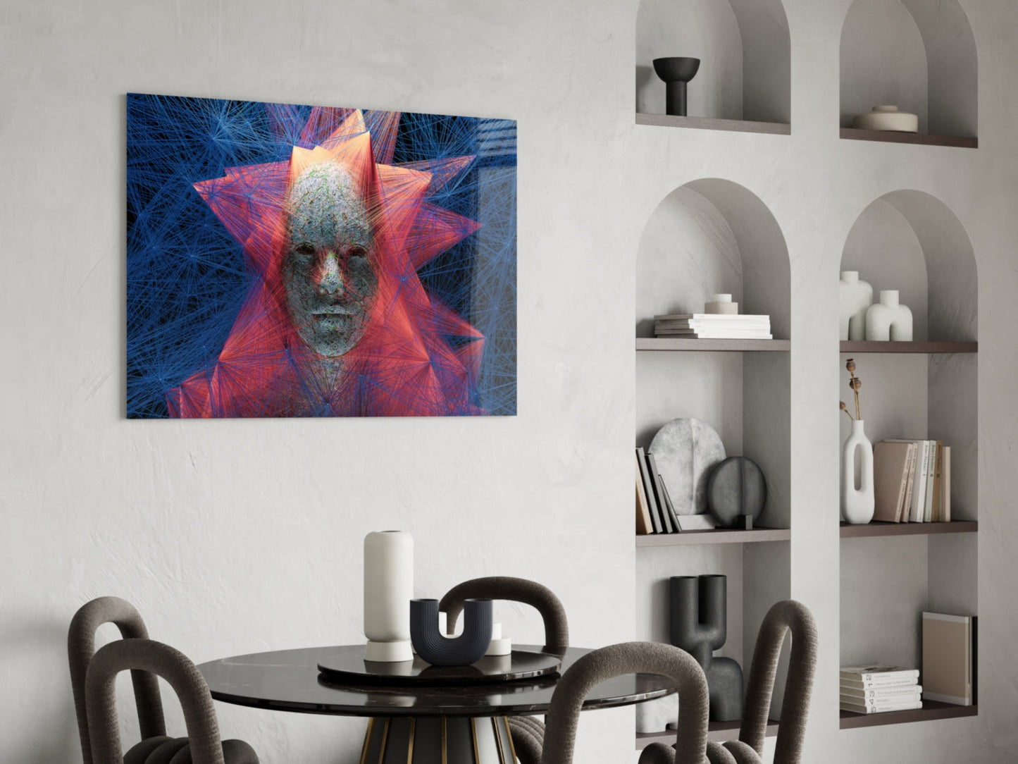 Red Blue Polygon Starburst Face Glass Wall Art