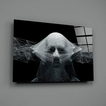 White Wireframe Face On Black Glass Wall Art