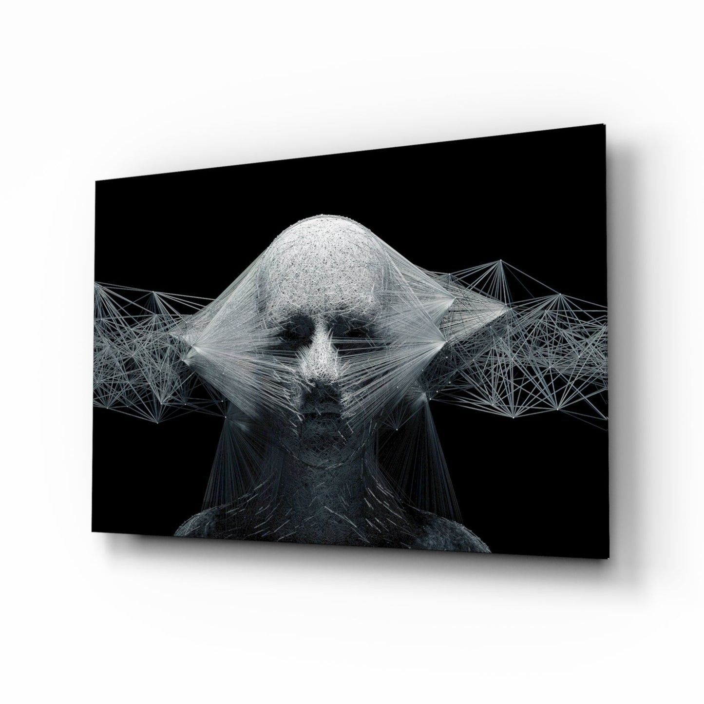 White Wireframe Face On Black Glass Wall Art