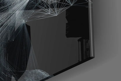 White Wireframe Face On Black Glass Wall Art