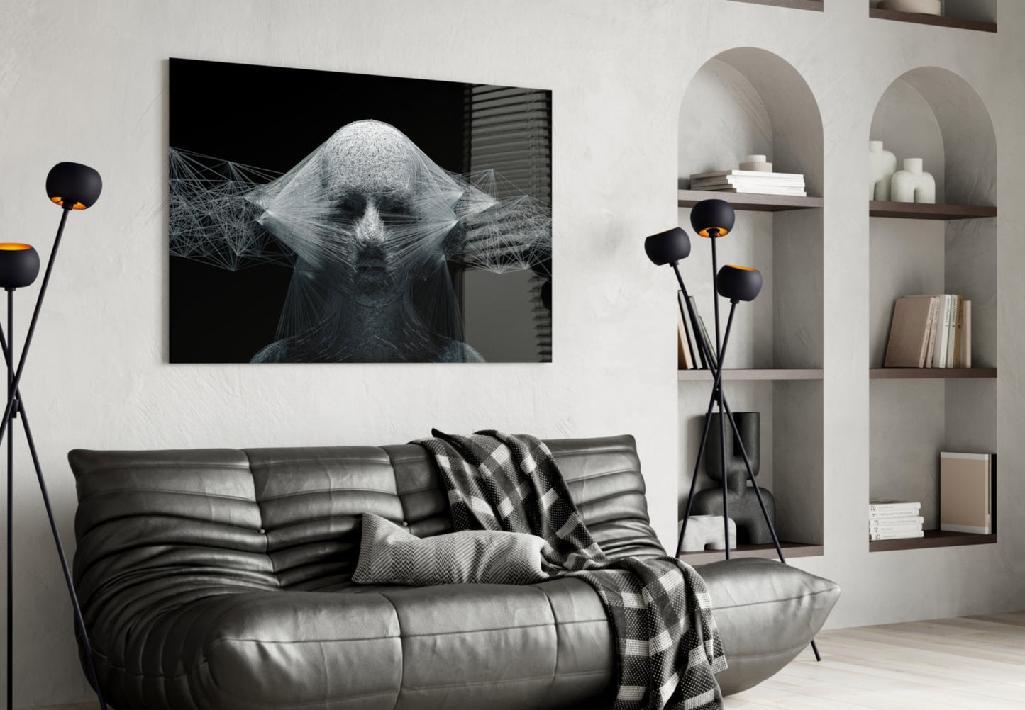 White Wireframe Face On Black Glass Wall Art