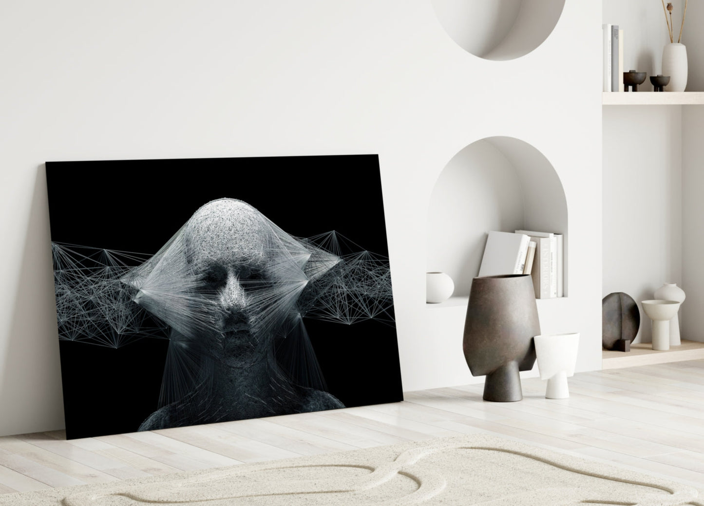 White Wireframe Face On Black Glass Wall Art