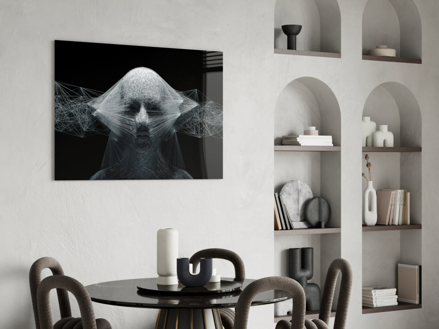 White Wireframe Face On Black Glass Wall Art