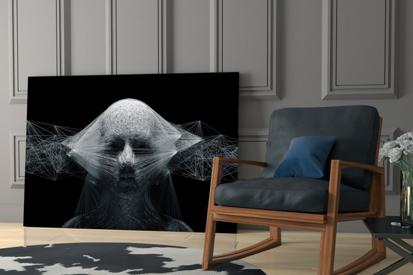 White Wireframe Face On Black Glass Wall Art