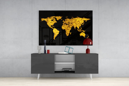 Glowing Golden World Map Glass Wall Art