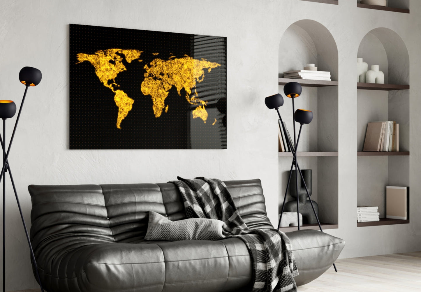 Glowing Golden World Map Glass Wall Art