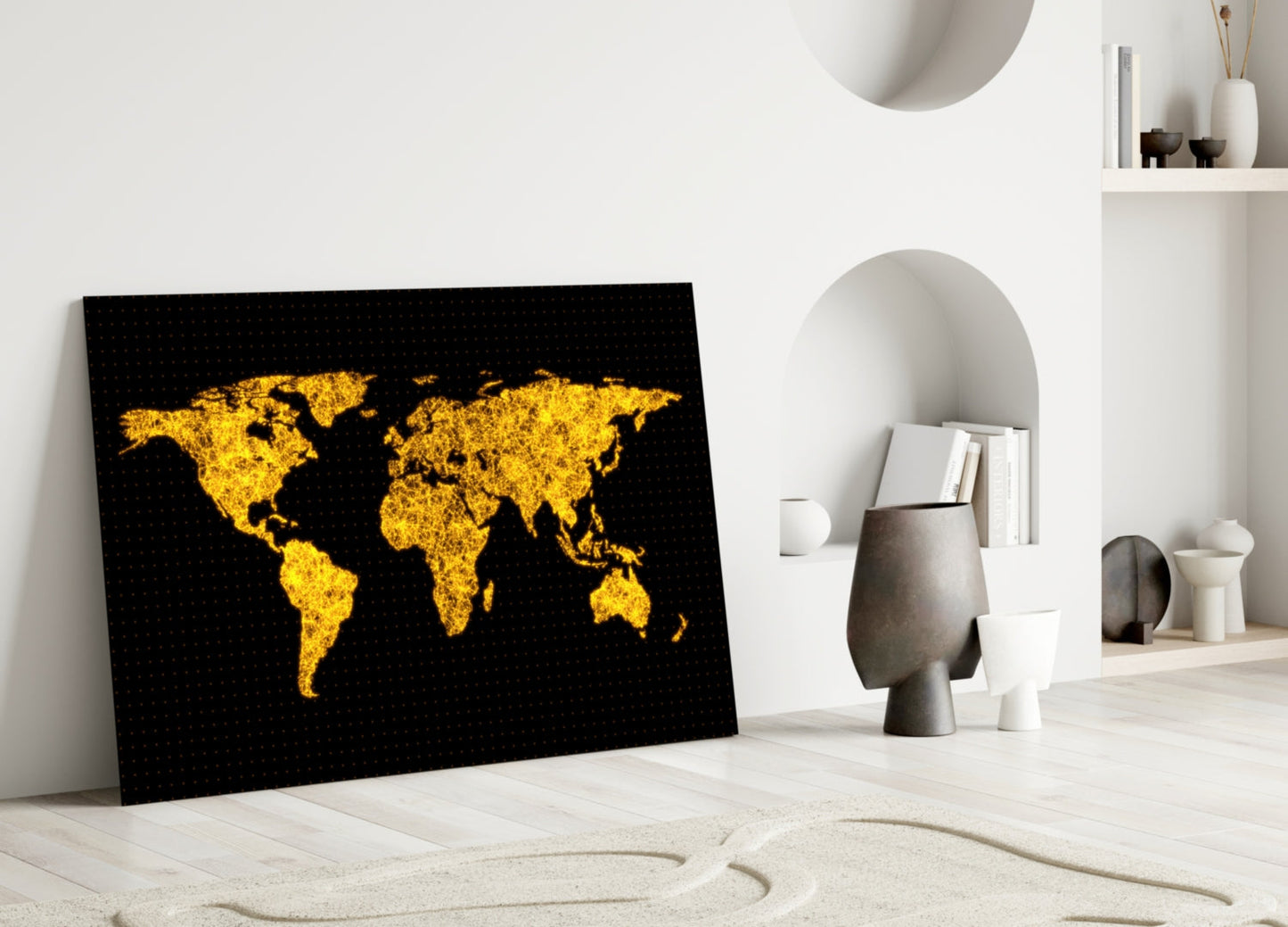 Glowing Golden World Map Glass Wall Art
