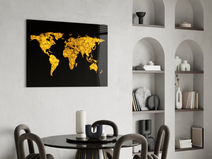 Glowing Golden World Map Glass Wall Art