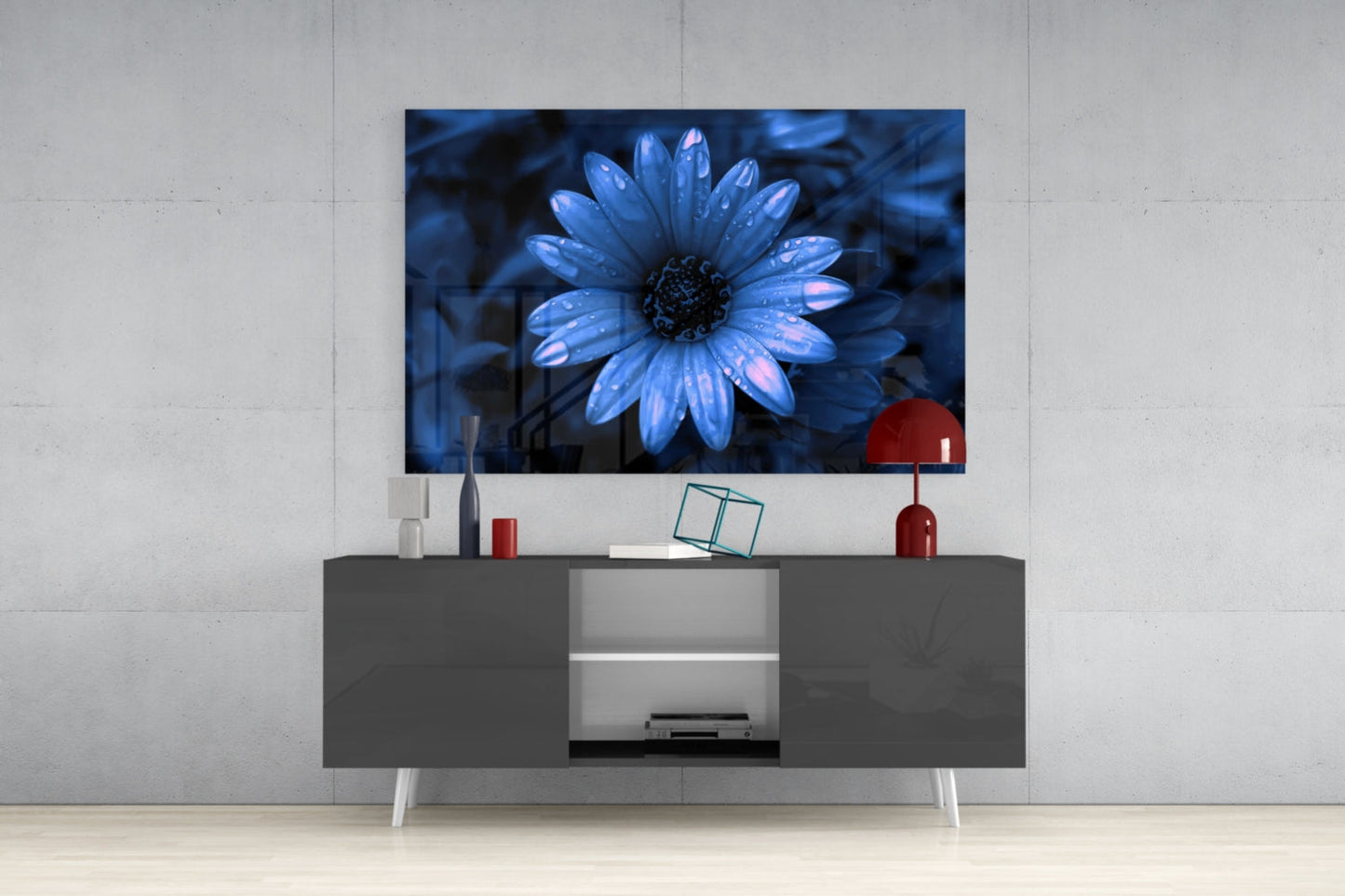 Blue Dewy Daisy Bloom Glass Wall Art