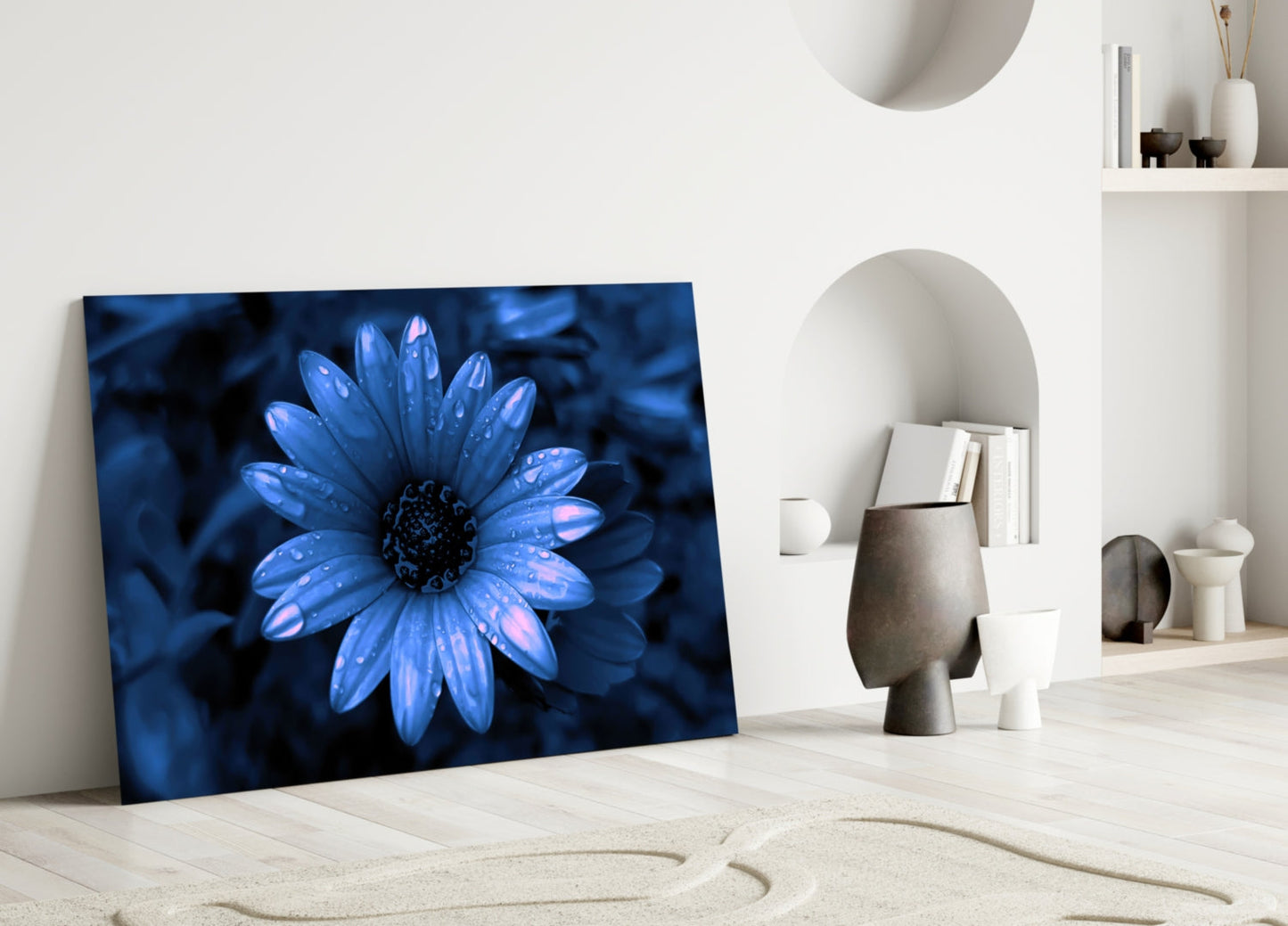 Blue Dewy Daisy Bloom Glass Wall Art