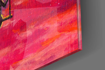 Close-up edge view of vibrant red and orange gradient glass art panel with textured surface and dimensional depth.