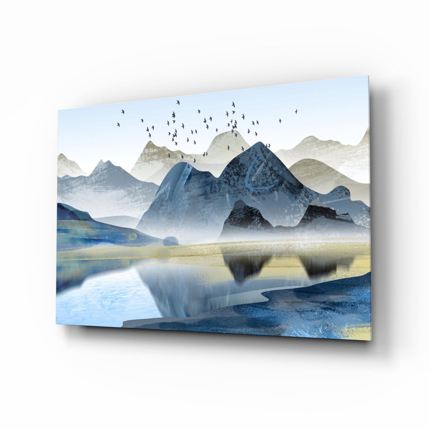 Blue Misty Peaks With Birds Over Lake Glass Wall Art