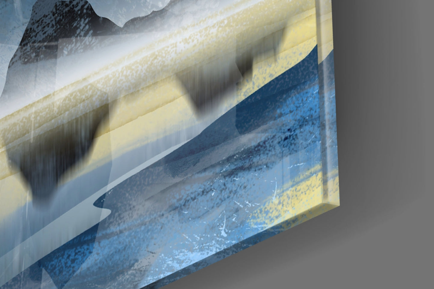 Blue Misty Peaks With Birds Over Lake Glass Wall Art