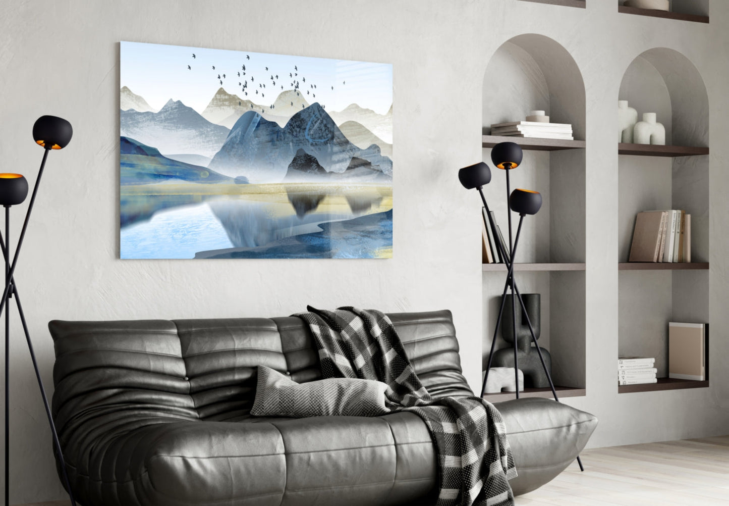 Blue Misty Peaks With Birds Over Lake Glass Wall Art