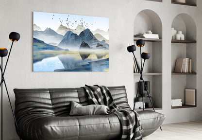Blue Misty Peaks With Birds Over Lake Glass Wall Art
