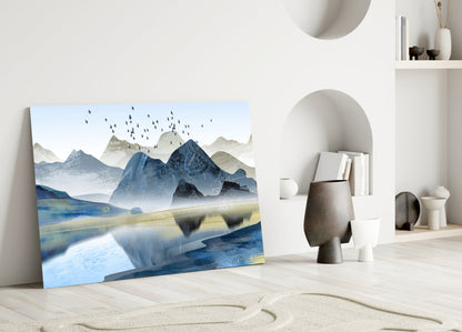 Blue Misty Peaks With Birds Over Lake Glass Wall Art