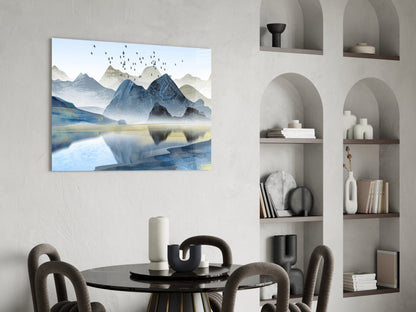 Blue Misty Peaks With Birds Over Lake Glass Wall Art