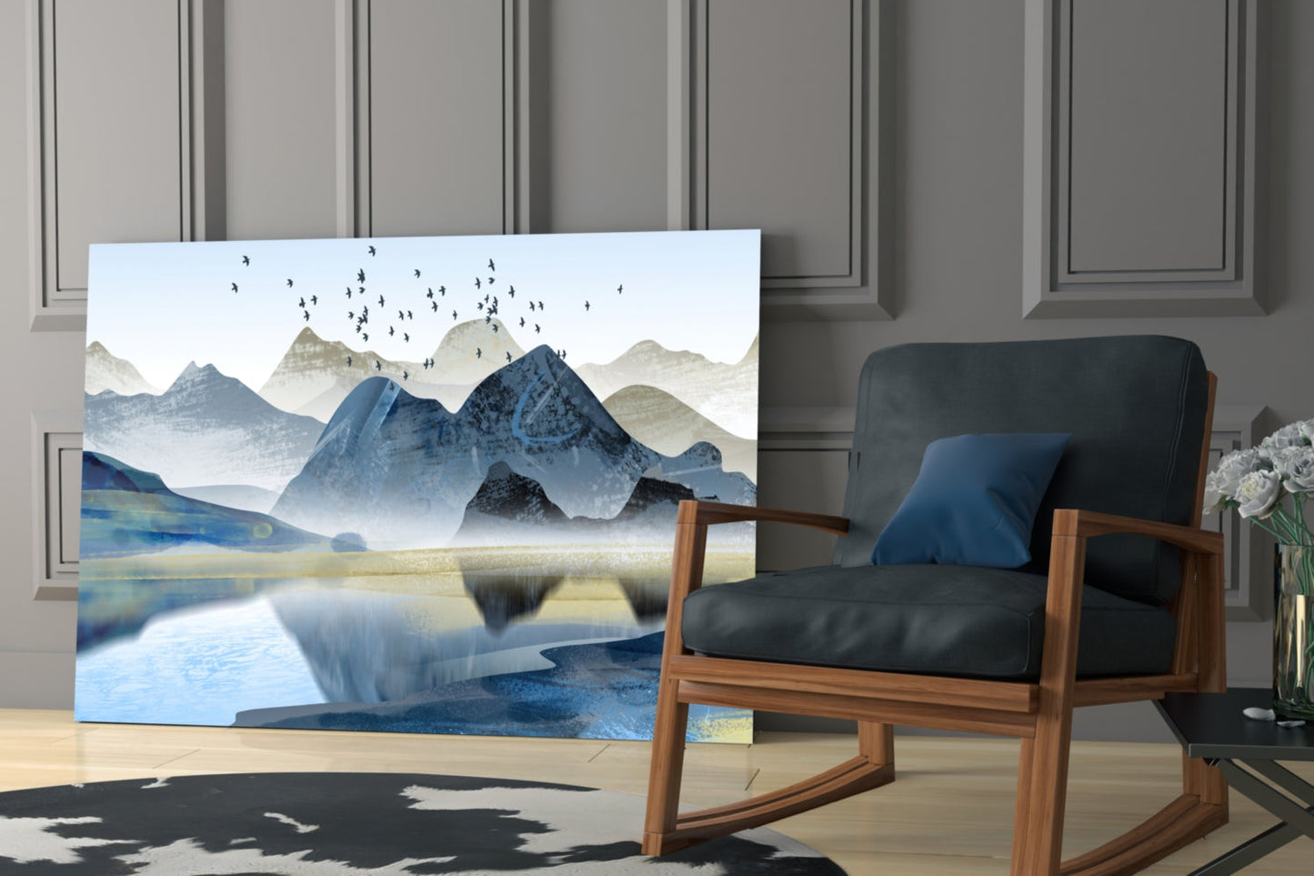 Blue Misty Peaks With Birds Over Lake Glass Wall Art