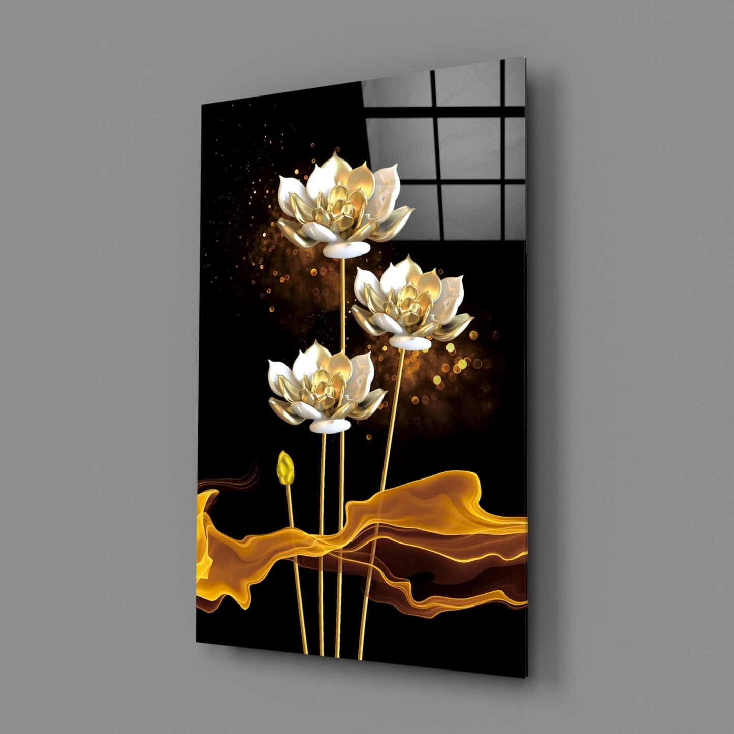 Golden Lotus on Black Flowing Glass Wall Art