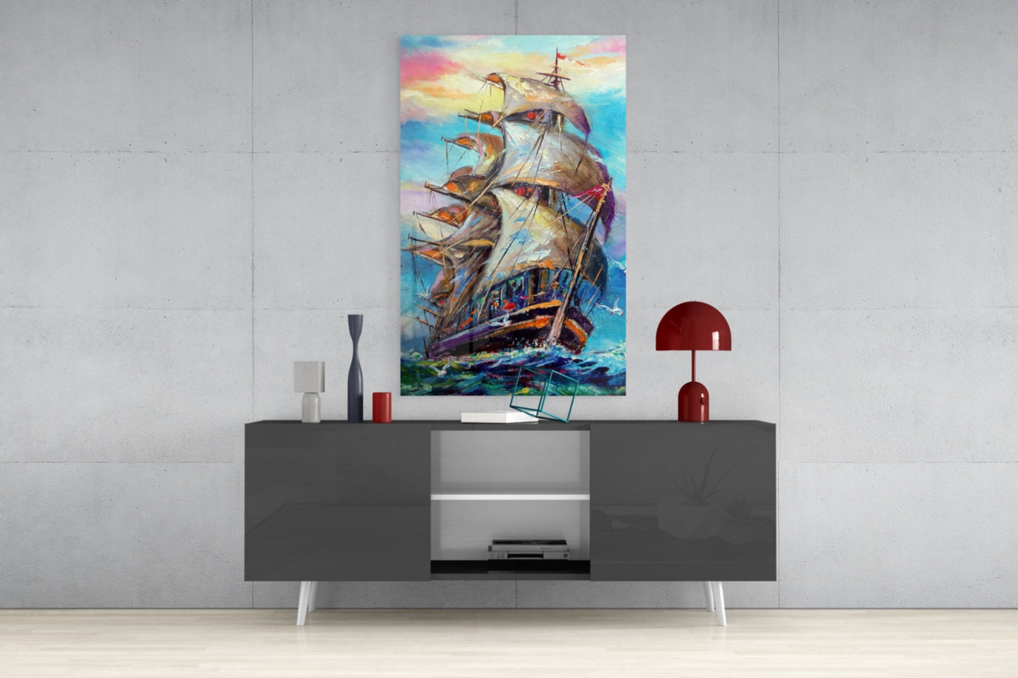 Tall Ship Under Pastel Sky Painting Glass Wall Art